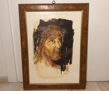QUADRO VOLTO GESÙ CRISTO-DIPINTO TEMPERA SU CARTA-FIRMATO KOMIN-CORNICE-VINTAGE