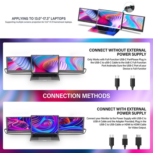Triple-fold Portable Monitor Screen Extender For 13.0"-17.3" Laptop Type-C HDMI - Picture 9 of 10