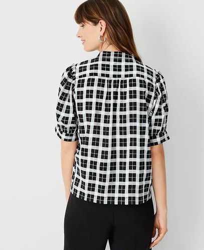 Ann Taylor Women's Ann Taylor Shimmer Plaid Puff Sleeve Top Black & White Size M - Picture 11 of 11