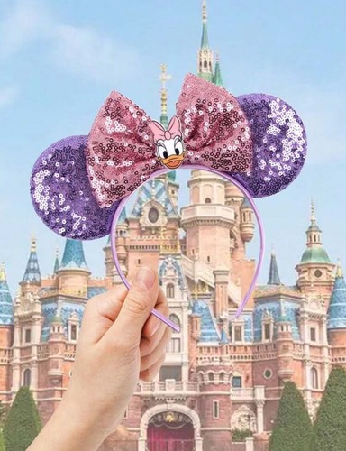 NEW Disney DAISY DUCK Ears Hat PURPLE Mickey ears PINK Headband SEQUINS Bow - Picture 3 of 4