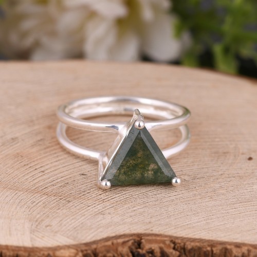 Double Band Sterling Silver Triangle Ring With Moss Agate For Healing Meditation - Picture 1 of 5