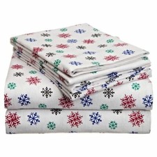 Twin XL Full Queen Cal King Bed Red Blue Snowflakes 4pc Cotton Flannel Sheet Set