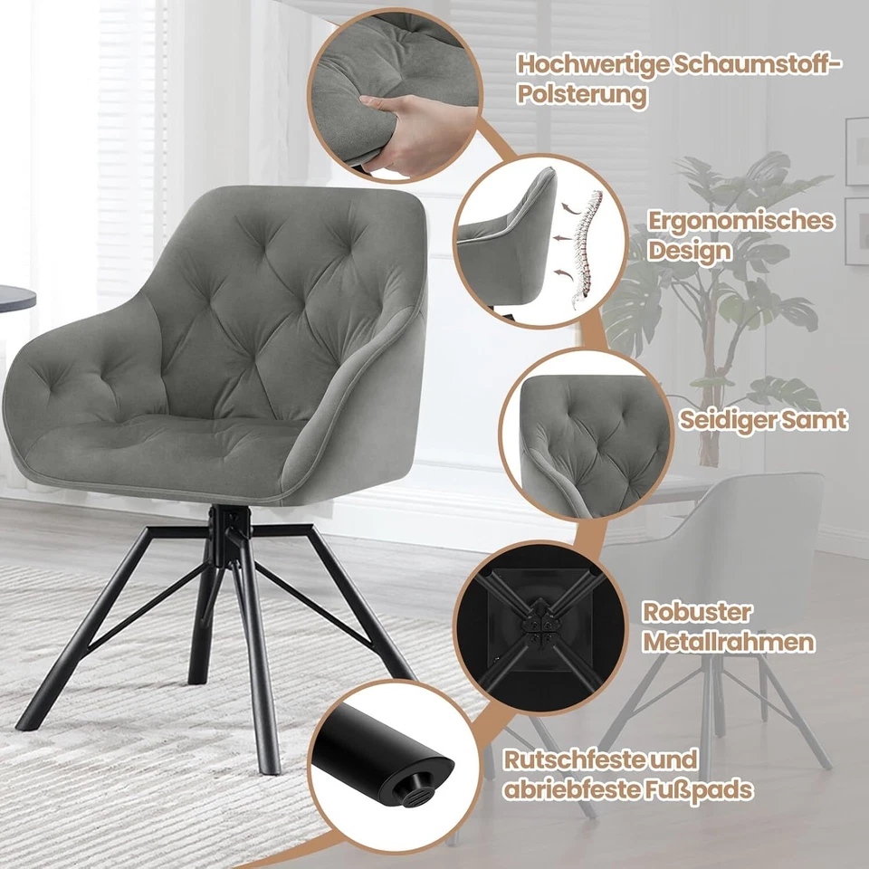 WOLTU 2x Esszimmerstühle drehbar Samt Gepolsterter Sitz Küchenstühle Essstühle - Bild 3 von 4