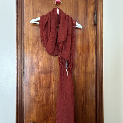 Womens Scarf Forever 21 Rust Red Lightweight Crepe Fringe Trim Oversized NWT - Picture 2 of 6