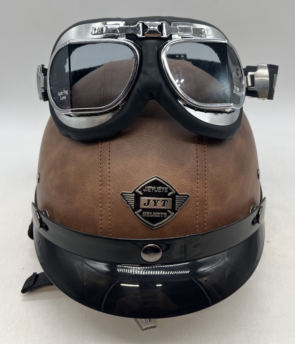 JYT Jieyuete Brown Leather Helmet with goggles size Medium Anti