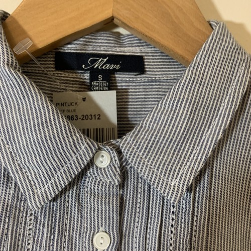 Mavi Shirt Womens Small Blue White Stripe Collared Button Up with Front Pleats - Picture 2 of 9