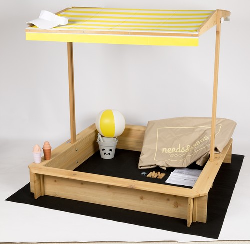 Holz Sandkasten mit Abdeckung, Dach Deckel Sitzbank Boden Sandkiste Sandbox gelb - Bild 7 von 7