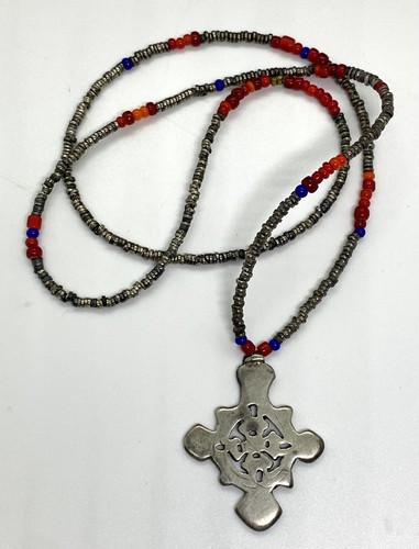 Antica Collana Perline Croce Argento Sterling Argento Sterling Croce Copta 24,1/4""24g - Foto 5 di 22