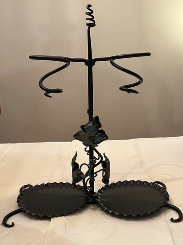 Vintage Wine Cellar Vineyard or Bar Decor Iron Stand Aerator w/2 Glass Decanters - Picture 3 of 8