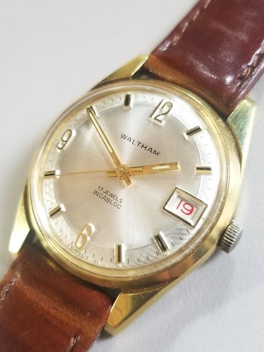 WALTHAM SWISS VINTAGE SILVER DIAL & GOLD PLATED CASE WIND UP MEN WATCH-NOS STRAP
