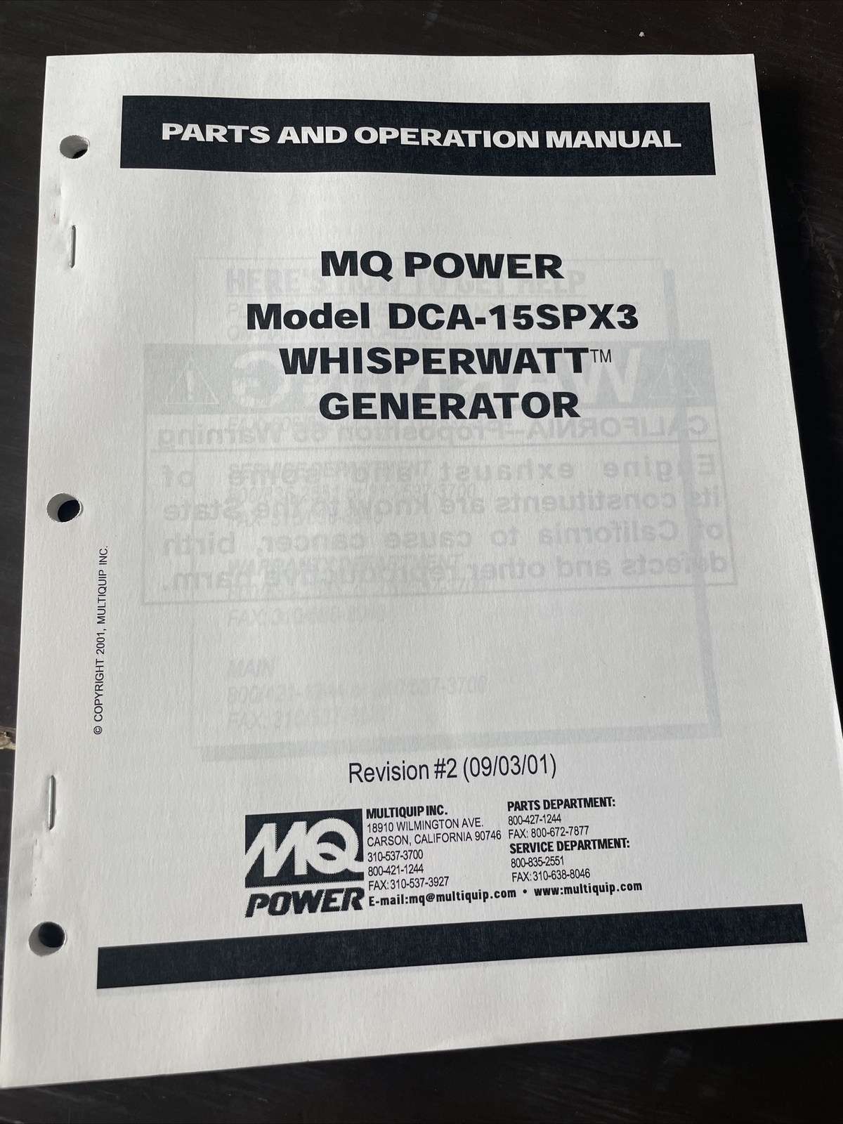 DCA15SPX3 Generator MQ Multiquip Parts List operation book Manual
