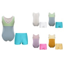 Kids Girls Leotard With Shorts Dancewear Crisscross Jumpsuit Stretchy Outfit