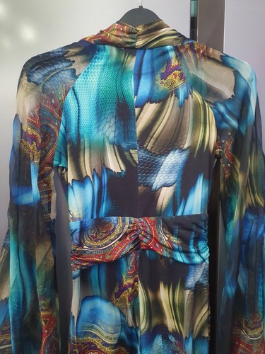 Azara Gold Multicoloured Slinky Mini Wrap Dress EU36 UK8 US4 Chiffon Open Sleeve - Picture 3 of 12