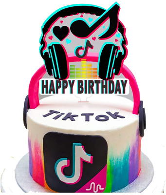 Tik Tok Happy Birthday Banner,TIK TOK Cake Topper,Hot Music Note Themed Topper and Banner Party Decoration Supplies Shot Video Fans for Musical Party Sharing