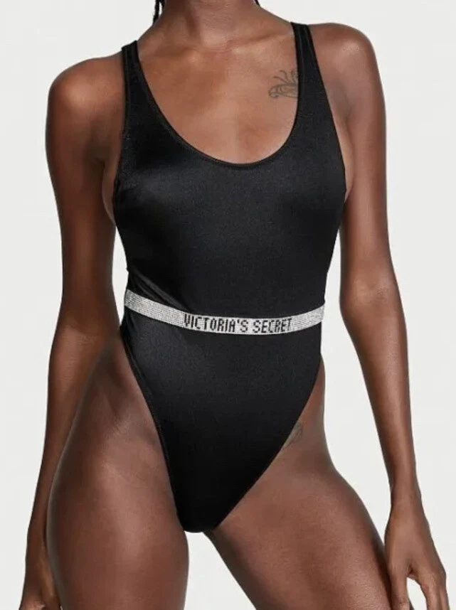 VICTORIA'S SECRET Shine Strap Plunge Swimsuit Side Boob High Cut Black Bling L Foto 2 de 3