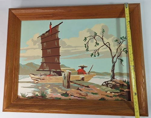 Paar Vintage 1950er MALEN NACH ZAHLEN gerahmt BOOTSTART Skiff chinesische PBN (2) Tiki - Bild 5 von 9