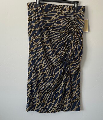NWT MICHAEL KORS Logo Chain Print Blue Gold Ruched Side Split Midi Skirt Size L