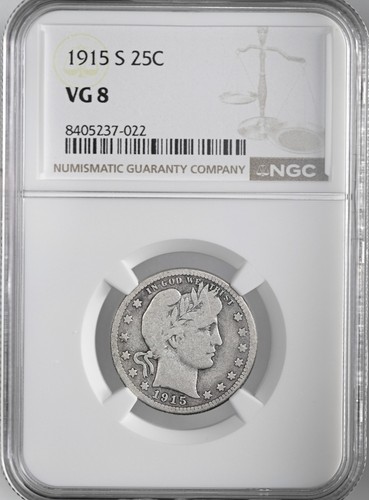 1915-S  25C BARBER SILVER QUARTER  SAN FRANCISCO MINT  NGC VG8  #8405237-022 - Picture 1 of 4