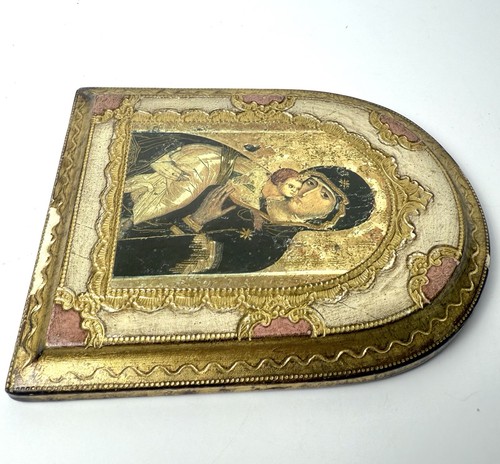 Orthodox Icon Our Lady of Vladimir Florentine Plaque Gold Italy Virgin Mary VTG - Picture 5 of 14
