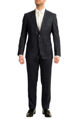 Hugo Boss Men's ''Huge6/Genius5'' Slim Fit 100% Wool Plaid Blue Suit US 40R IT 50R
