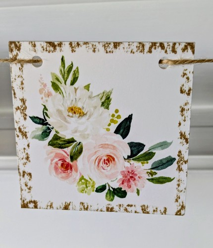 "Bride To Be" Wood 4" x 4" Tile Banner With Floral Accent Tiles On twine String - Picture 2 of 10