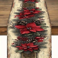 Vintage Festive Christmas Table Runner Red Poinsettia Holiday Dining Table Decor