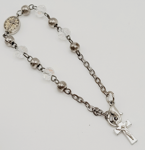 Pulsera Rosario Vintage Tono Plata Cristal Transparente y Tono Plata Cuentas INRI - Imagen 3 de 18