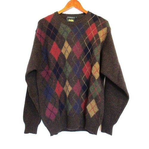 Fisherman out of Ireland Sweater Mens Large Brown Pure New Wool Argyle Knit