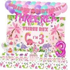 Dinosaur Birthday Party Supplies for 3 Year Old Girl, Three Dino Rex Pink