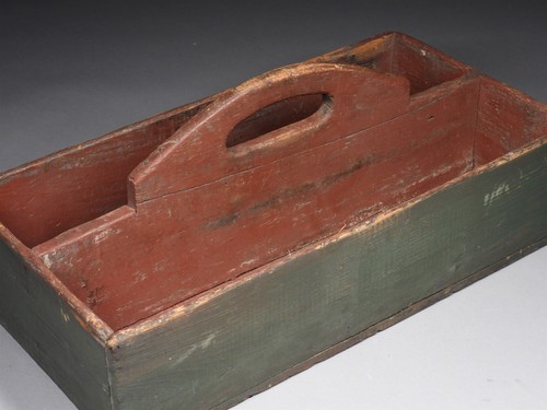 Antique C.1900 Country Primitive Green & Red Paint Garden Plant Tote Cutlery Box - Picture 2 of 18