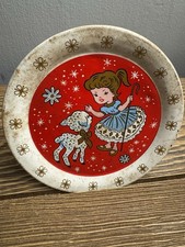 Vintage 1950s Tin Litho Children  s Plate Girl Lamb Red Background