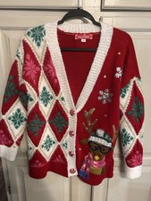 Women's Medium Red Reindeer Christmas Ugly Sweater Cardigan Candy Oversized