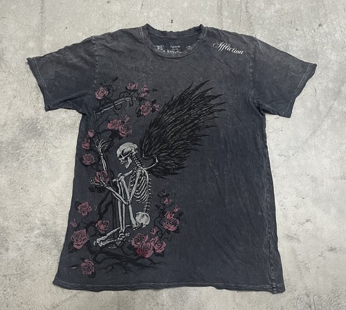 Affliction Skelett Engelsflügel Rosen grau Distress Kanten Gr. Large Herren