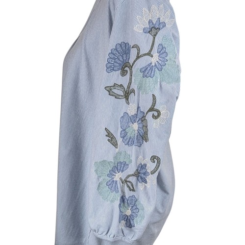J. Jill Pinstripe Embroidered Blouse Size L 100% Cotton Blue White 3/4 Sleeve - Picture 4 of 9