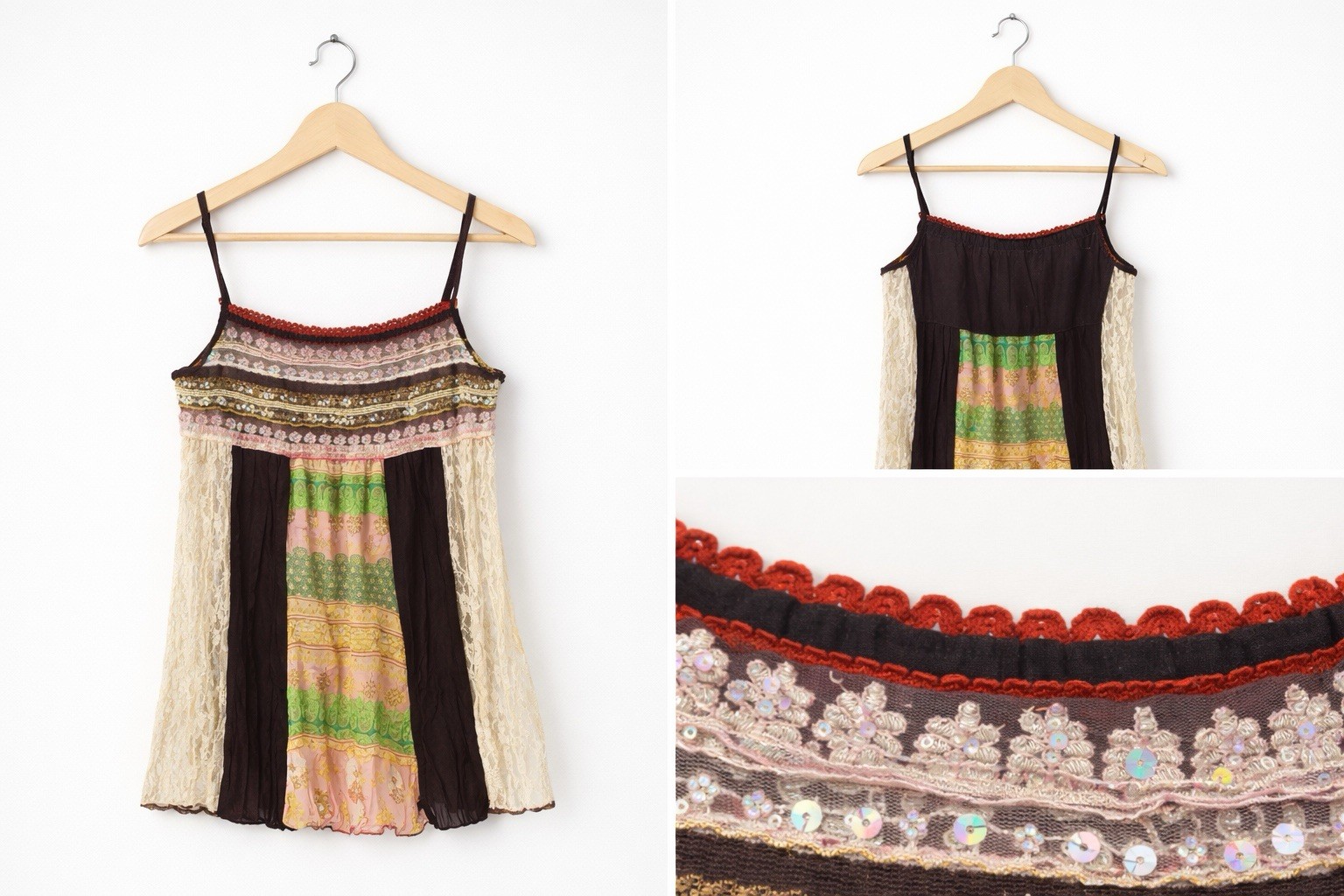 Vanity Lace Patchwork Camisole Sequin Boho Spaghe… - image 1