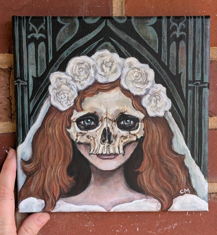 Til Death Do Us Part Skull Bride Original Acrylic Painting 8x8in Canvas Wall Art