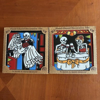 2 Earthtones Hand-N-Hand Designs Decorative Skeleton Couple Tile Hand Glazed 6x6