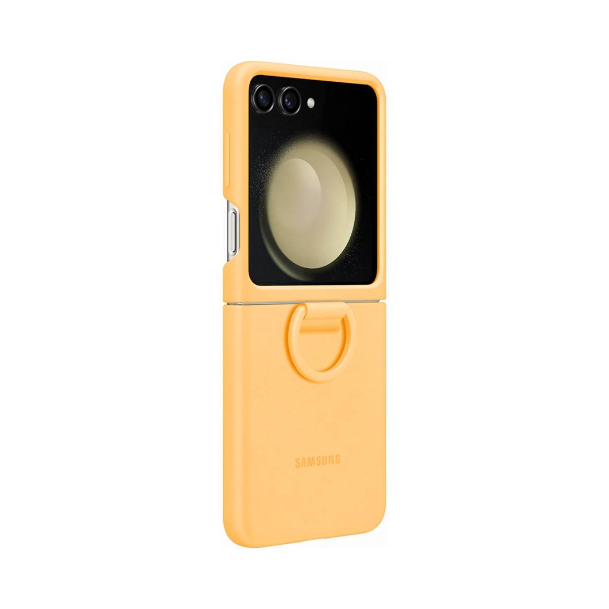 Coque Galaxy Z Flip 5 couleur orange pour photos mains libres en terrasse