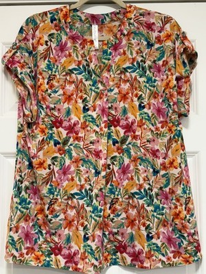 NWOT Dear Scarlett Cap Sleeve Rolled Tab Floral Top Blouse Large Green Pink Red