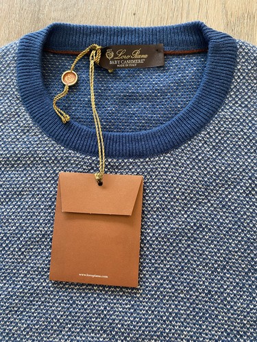 $1895 Suéter Loro Piana Bebé Cachemira Para Hombre Azul Tejido Waffle Cuello Redondo Talla 58 NUEVO - Imagen 3 de 12