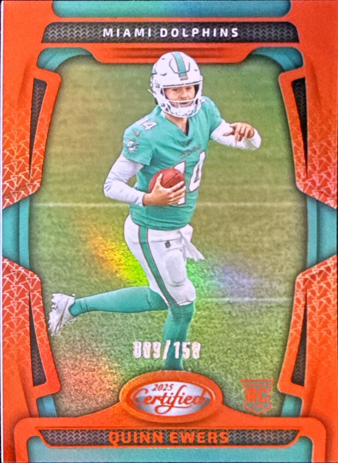 2025 Panini Certified Mirror Orange 9/150 SP #111 Quinn Ewers Rookie Dolphins