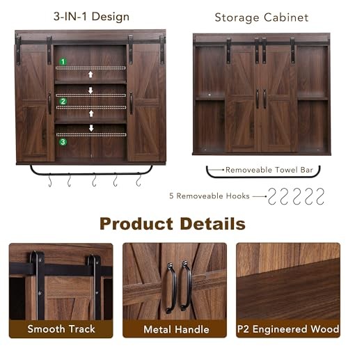 Rustic Wood Wall Storage Cabinet with Two Sliding Barn Door, 3 Dark Walnut - Picture 7 of 8