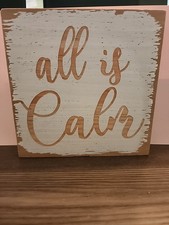 Square Wooden All Is Calm Wall Decor 8x8 Inches Light Wood With Distressed White