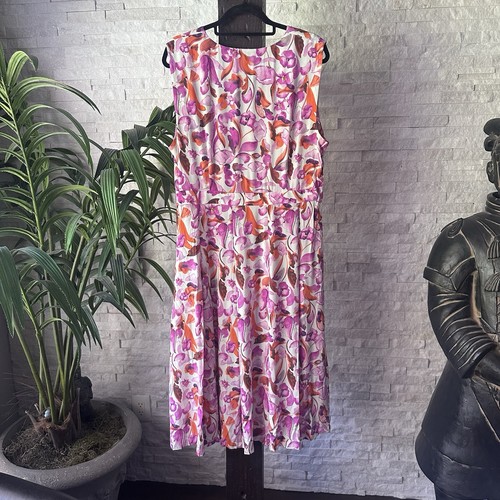 ST. JOHN Pleated Watercolor Purple Coral Floral Print MIDI Silk Dress Size 14 - Picture 9 of 9
