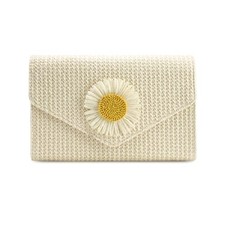 Straw Clutch Purse for Women Daisy Flower Evening Handbag Summer Beach Beige