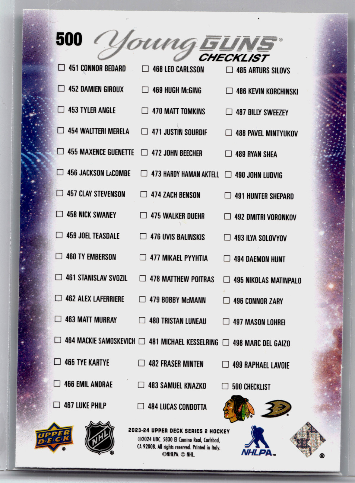 2023-24 Upper Deck Young Guns Checklist Connor Bedard Leo Carlsson #500 RC view 2