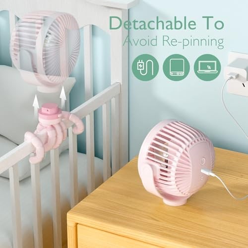 8000mAh Portable Stroller Fan, 27H Ultra-long Battery Life Detachable 4 Speed - Picture 6 of 7