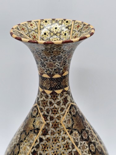 Vintage Persian Khatam Kari 9" Vase Mosaic Pattern Boho Glam Hollywood Regency - Picture 8 of 13