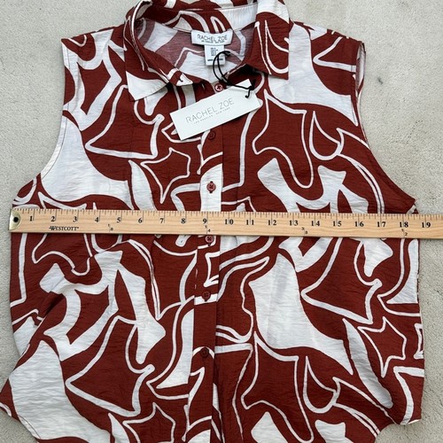 Rachel Zoe Sleeveless Collared Rust & White Print Tie Front Button Down Top S - Picture 9 of 12