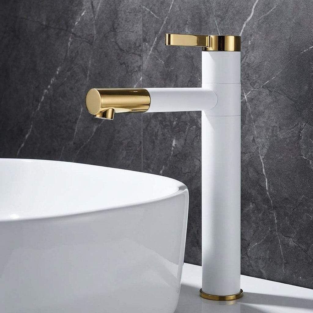 Bathroom Tall Basin Mixer Tap White Base Gold Finished